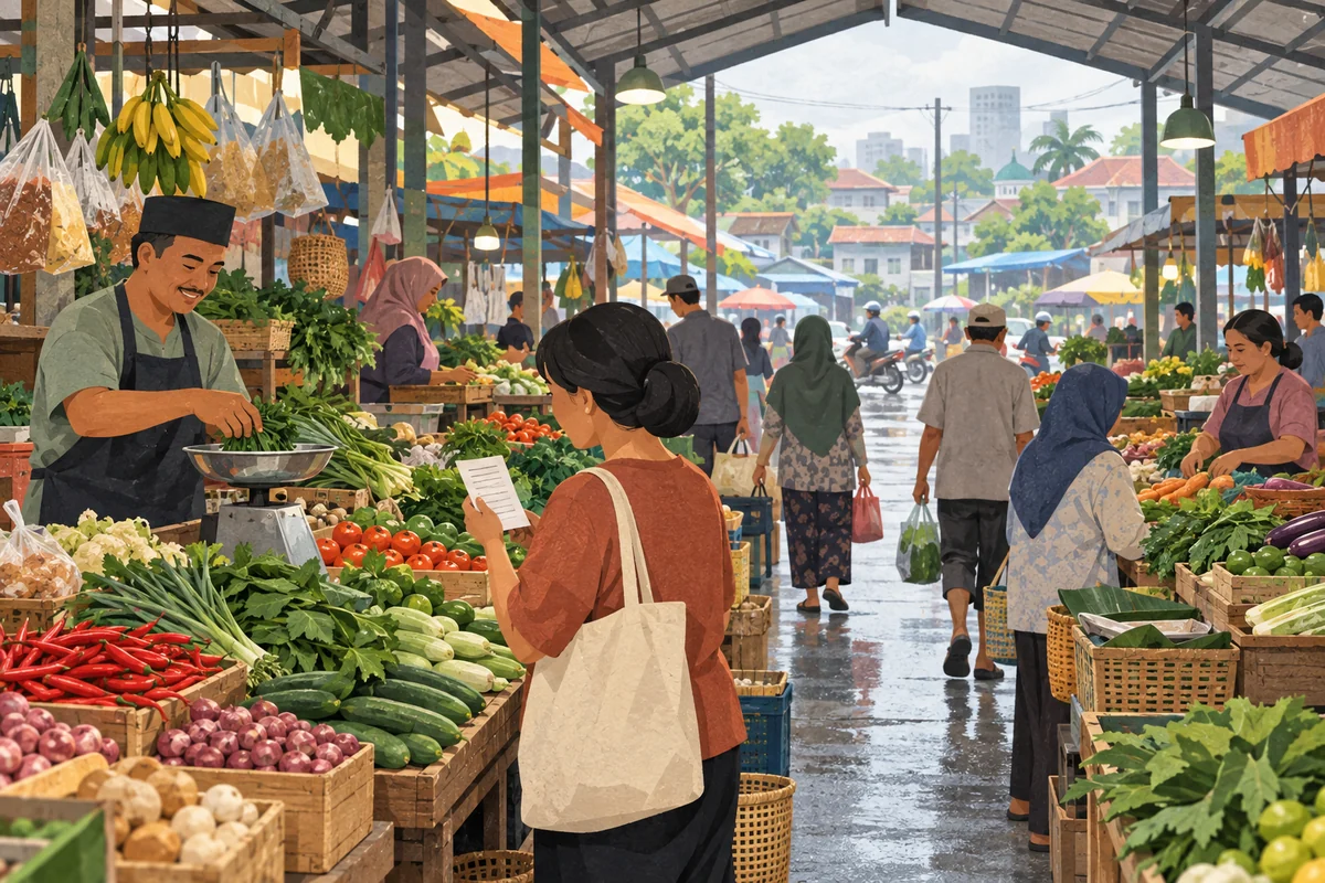 Ilustrasi editorial pembeli menggunakan daftar belanja di pasar Cibodas