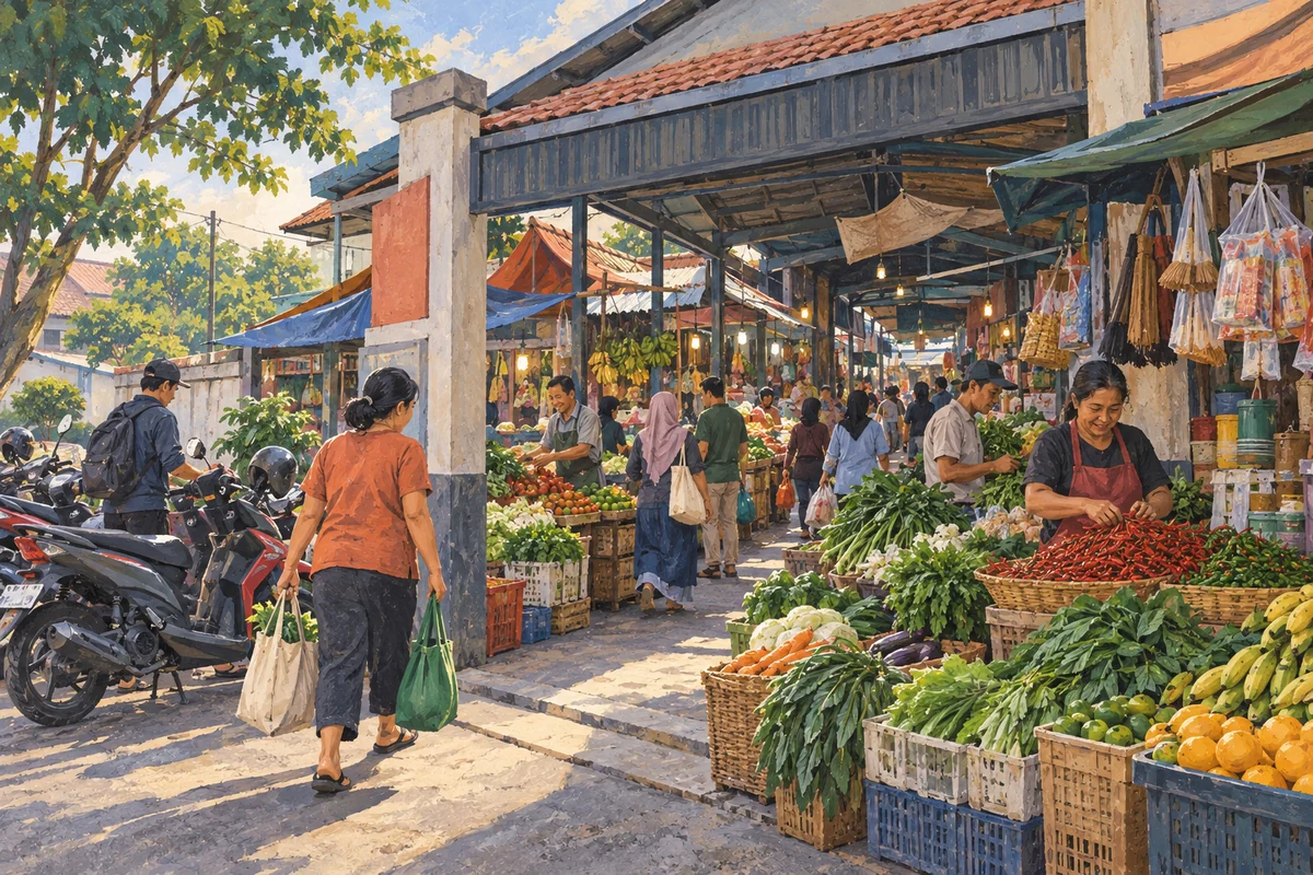Ilustrasi editorial pasar lingkungan dengan lapak sayur di Tangerang